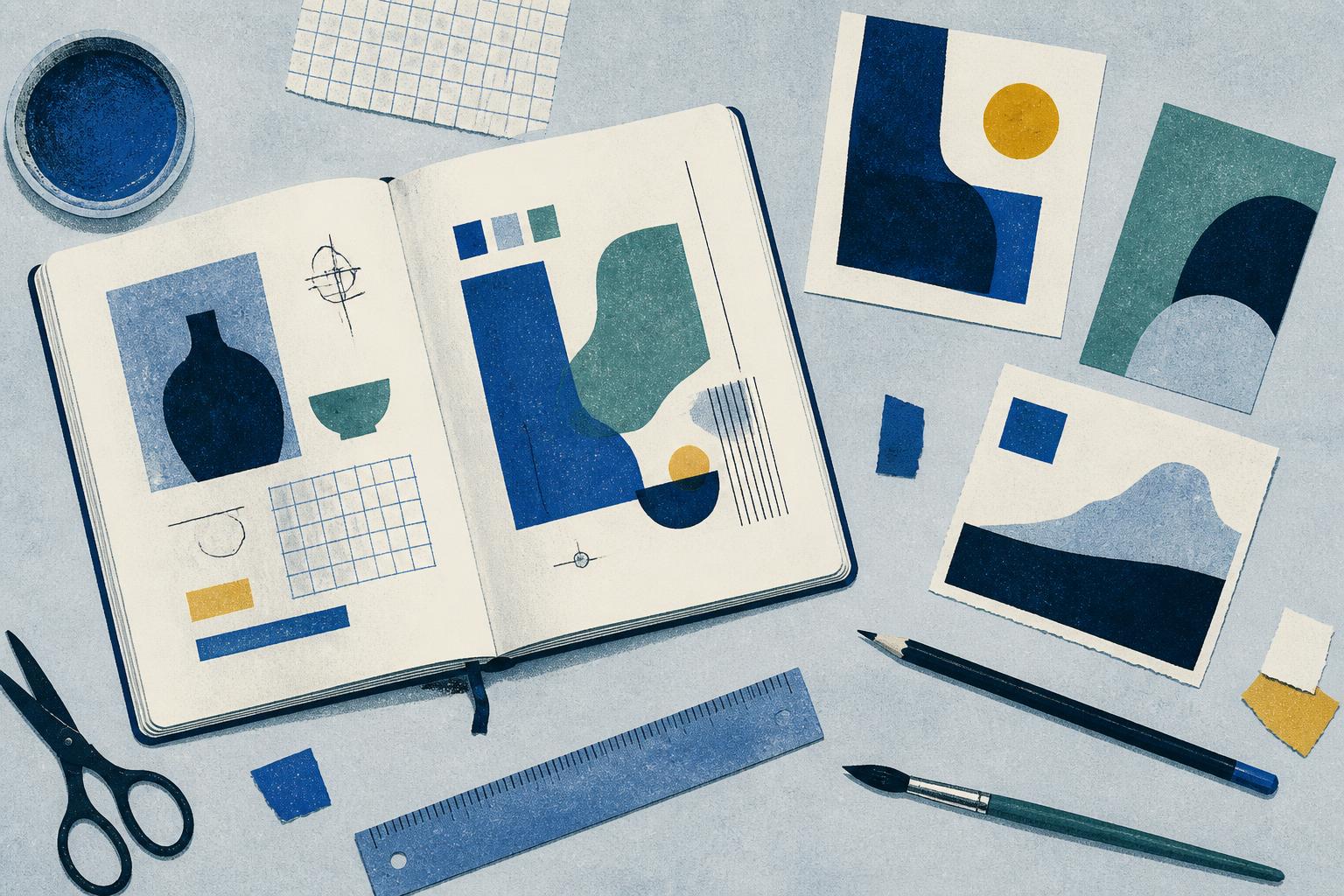 Desk with a sketchbook, ruler, brush and paper cards laid out while planning social media content